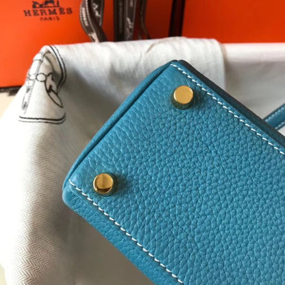 HERM Kelly 20cm Bag In Blue Jean Clemence Leather GHW