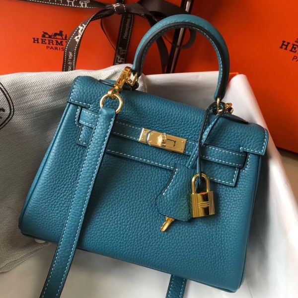 HERM Kelly 20cm Bag In Blue Jean Clemence Leather GHW