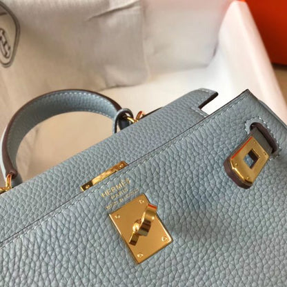 HERM Kelly 20cm Bag In Blue Lin Clemence Leather GHW