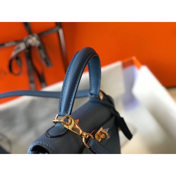 HERM Kelly 25cm Retourne Bag In Agate Blue Clemence Leather