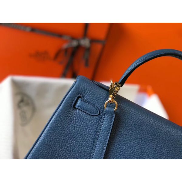 HERM Kelly 25cm Retourne Bag In Agate Blue Clemence Leather