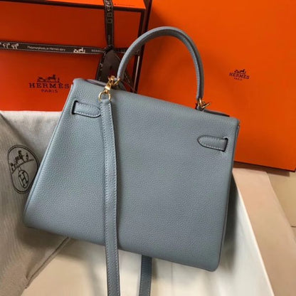 HERM Kelly 25cm Retourne Bag In Blue Lin Clemence Leather