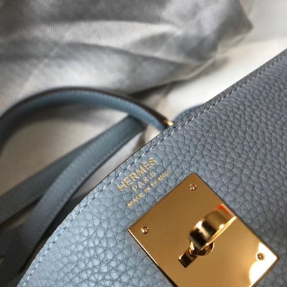 HERM Kelly 25cm Retourne Bag In Blue Lin Clemence Leather