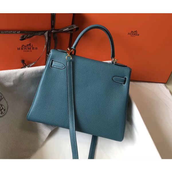 HERM Kelly 28cm Bag In Blue Jean Clemence Leather GHW