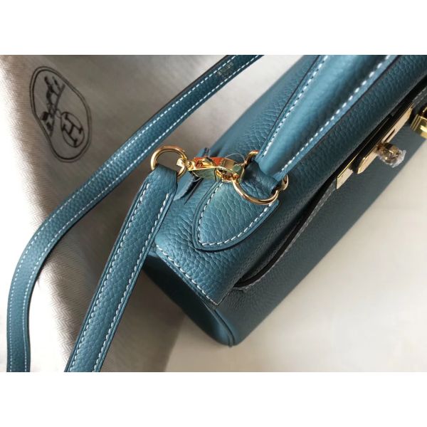 HERM Kelly 28cm Bag In Blue Jean Clemence Leather GHW