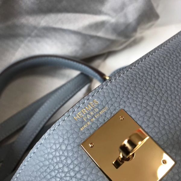 HERM Kelly 28cm Bag In Blue Lin Clemence Leather GHW