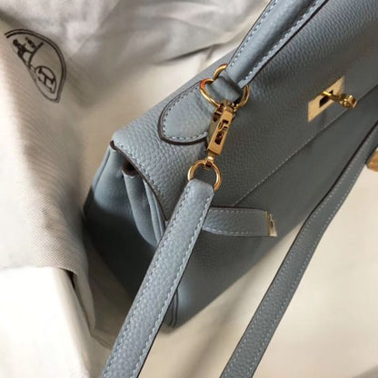 HERM Kelly 28cm Bag In Blue Lin Clemence Leather GHW