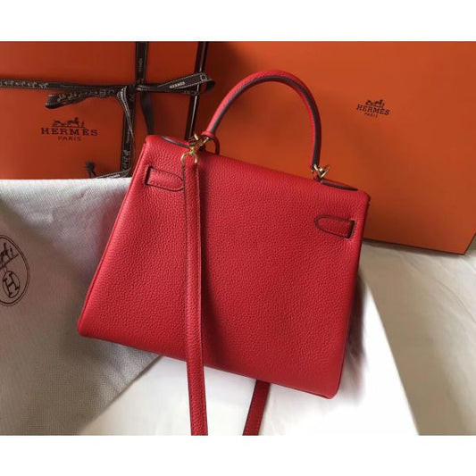 HERM Kelly 28cm Bag In Red Clemence Leather GHW