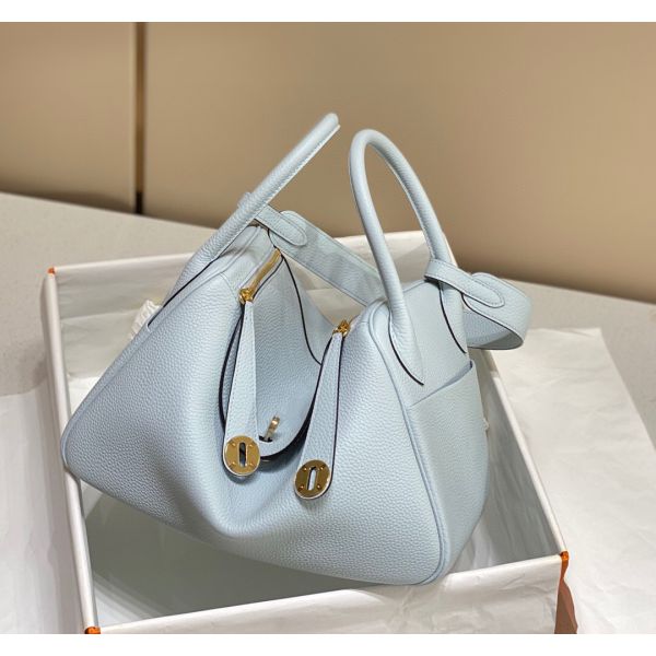 HERM Lindy 26cm Bag In Blue Brume Clemence Leather GHW