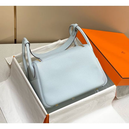 HERM Lindy 30cm Bag In Blue Brume Clemence Leather GHW
