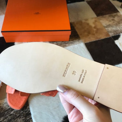 HERM Oran Slide Sandals In Orange Ostrich Leather