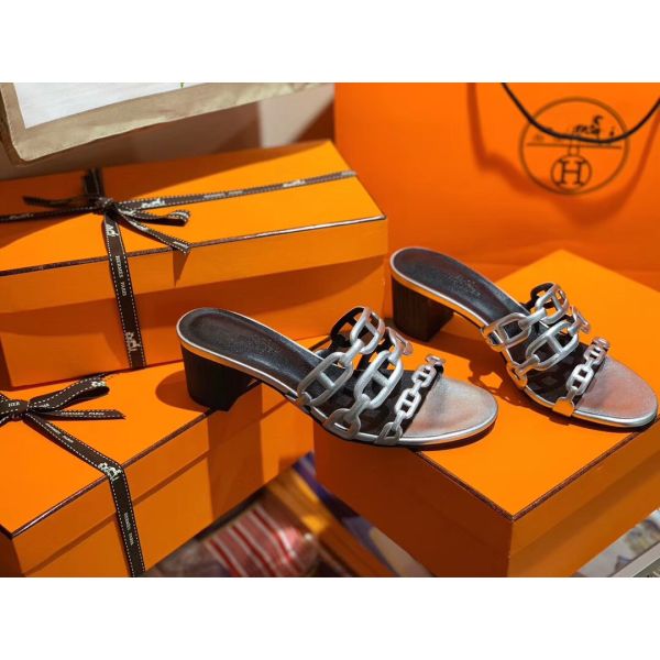 HERM Tandem Sandals In Silver Metallic Calfskin