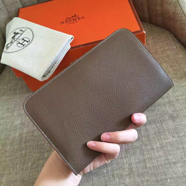 HERM Dogon Duo Wallet In Taupe Clemence Leather