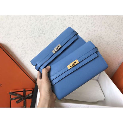 HERM Kelly Classic Long Wallet In Blue Jean Epsom Leather