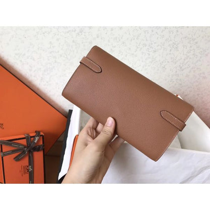 HERM Kelly Classic Long Wallet In Brown Epsom Leather