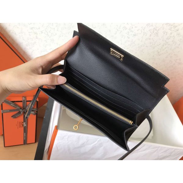 HERM Kelly Classic Long Wallet In Black Epsom Leather