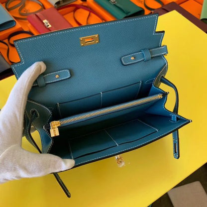 HERM Kelly Classique To Go Wallet In Blue Jean Epsom Calfskin