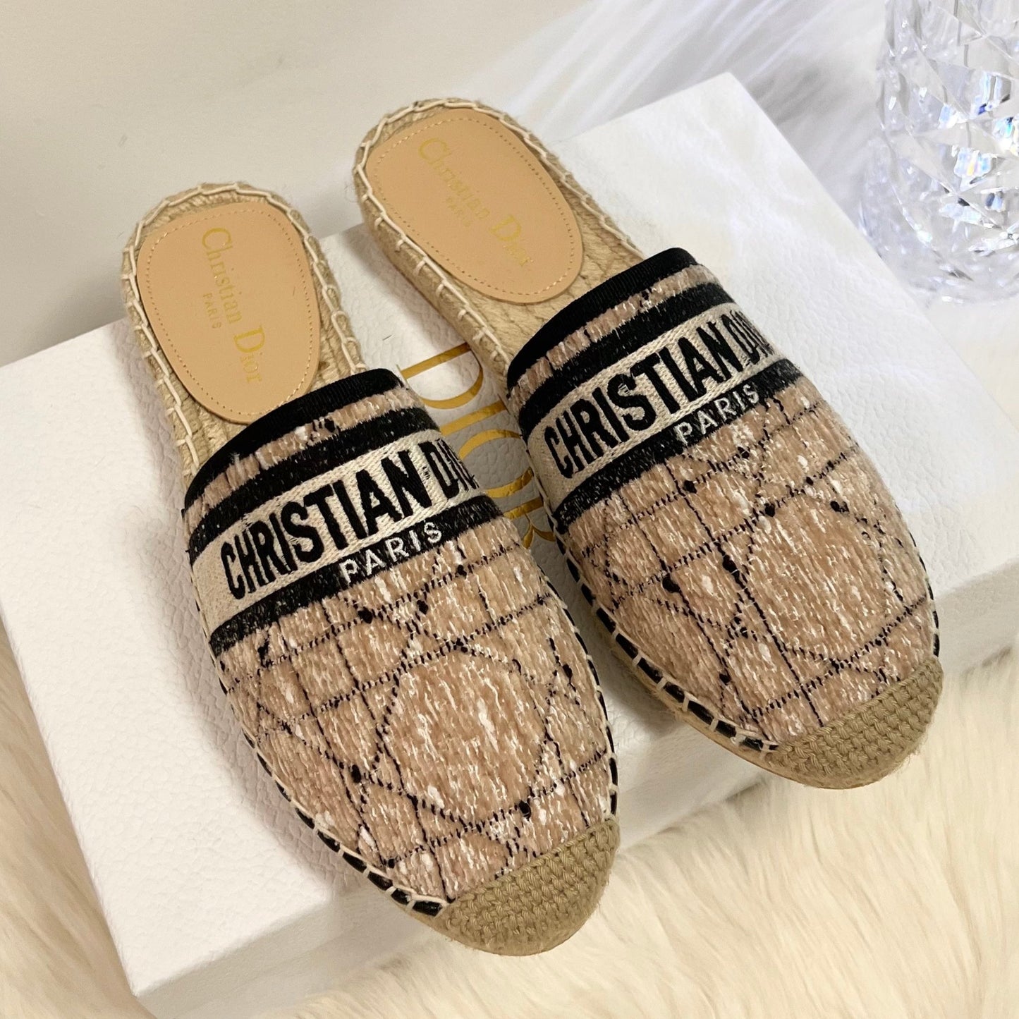 GRANVILLE ESPADRILLE CAMEL BEIGE OBLIQUE EMBROIDERED COTTON MULE