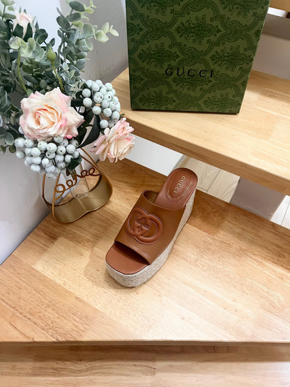 HIGH 10CM WEDGE SANDALS IN RUSSET BROWN SHEEPSKIN
