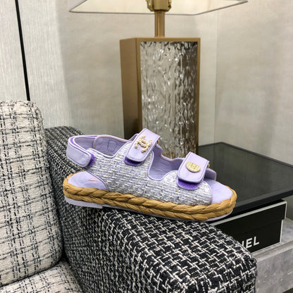 VELCRO SANDALS IN PALE PURPLE LAMBSKIN AND TWEED FABRIC