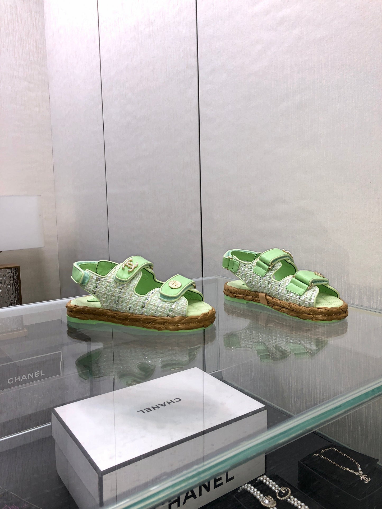 VELCRO SANDALS IN GREEN PASTEL LAMBSKIN AND TWEED FABRIC