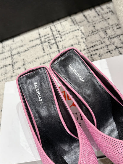KNIFE 65MM HIGH MULE IN SHOCKING PINK SUEDE ATTACHED FULL CRYSTALS