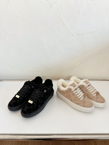 TIME OUT SNEAKER IN BLACK MONOGRAM EMBOSSED SUEDE WITH FLEECE LINING