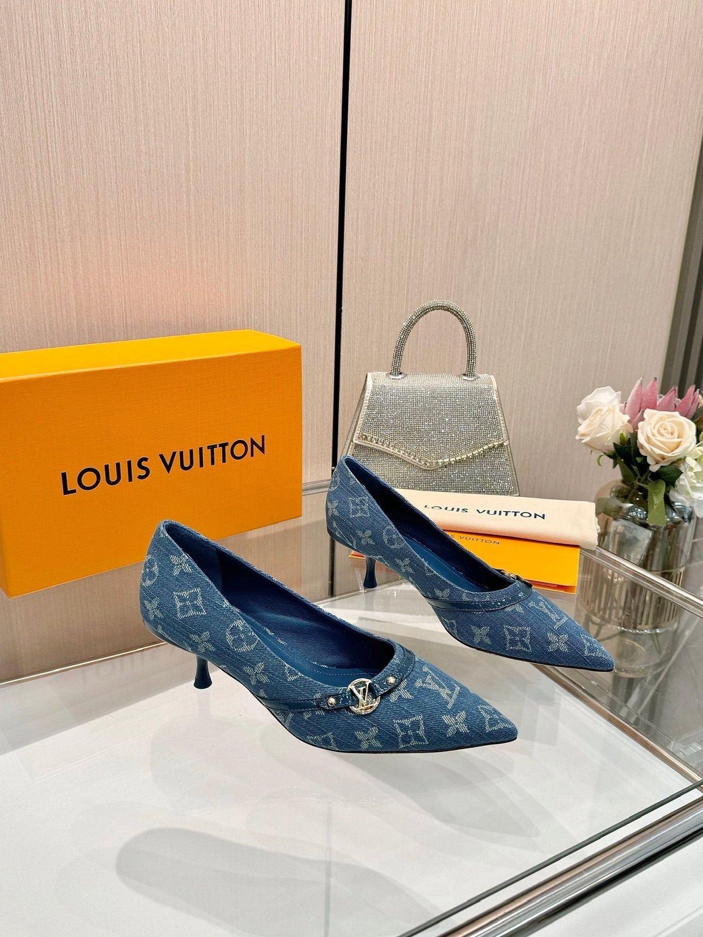 6AM HIGH HEELS 55 MM IN CLASSIC BLUE MONOGRAM DENIM