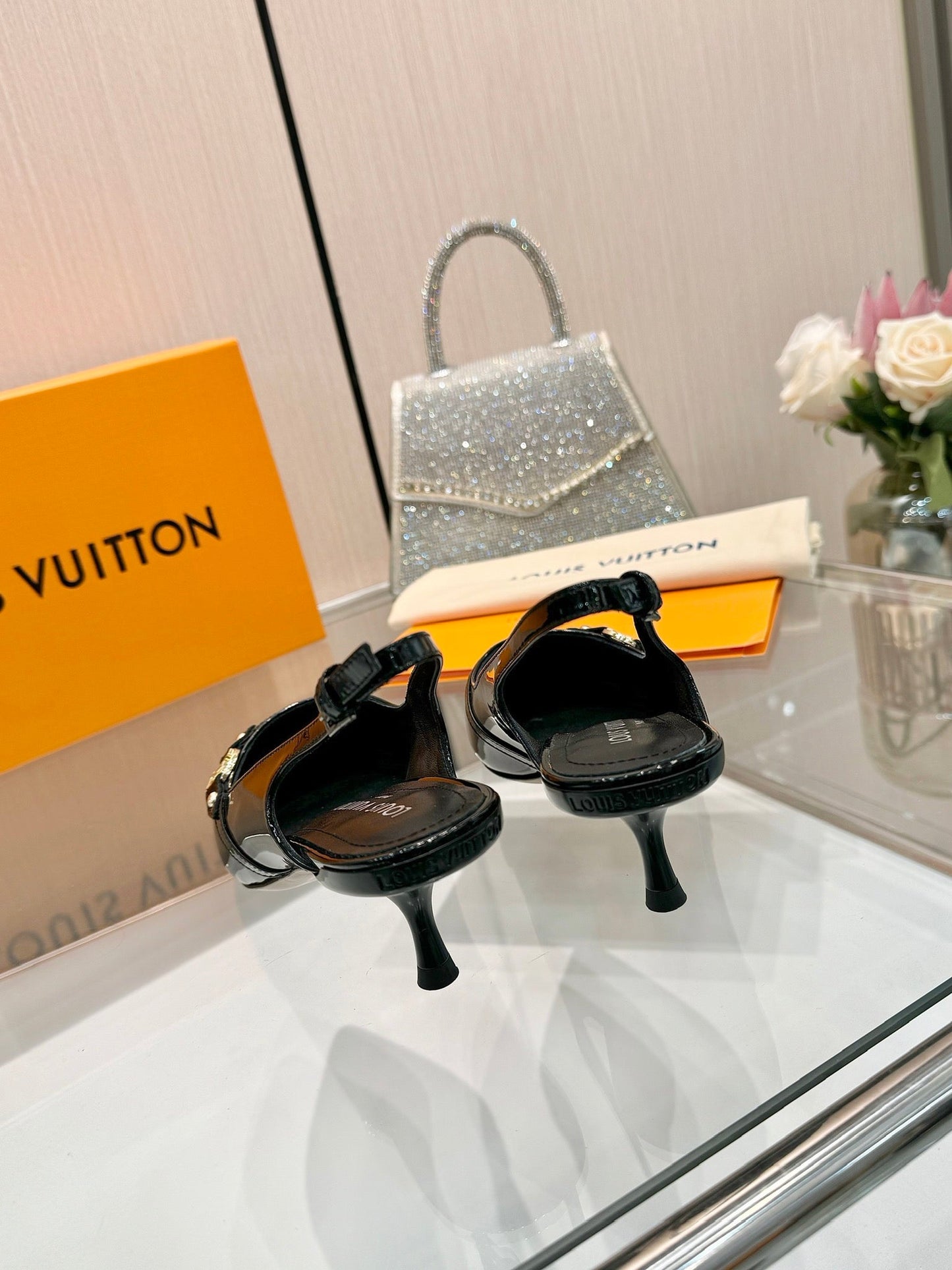 6AM SLINGBACK HIGH HEELS 55 MM IN BLACK PATENT LAMBSKIN
