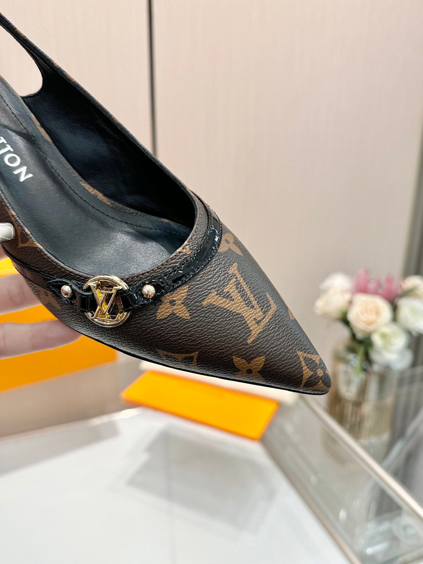 6AM SLINGBACK HIGH HEELS 55 MM IN CHOCOLATE BROWN MONOGRAM LAMBSKIN
