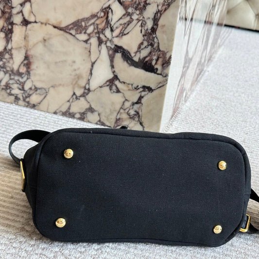 EMBROIDED LOGO SMALL HANDBAG 22 IN BLACK LINEN BLEND