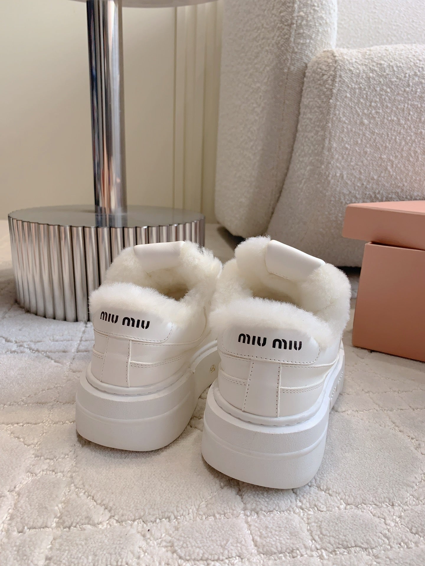 THICK SOLE SNEAKERS IN WHITE LAMBSKIN WITH RABBIT FUR LINING