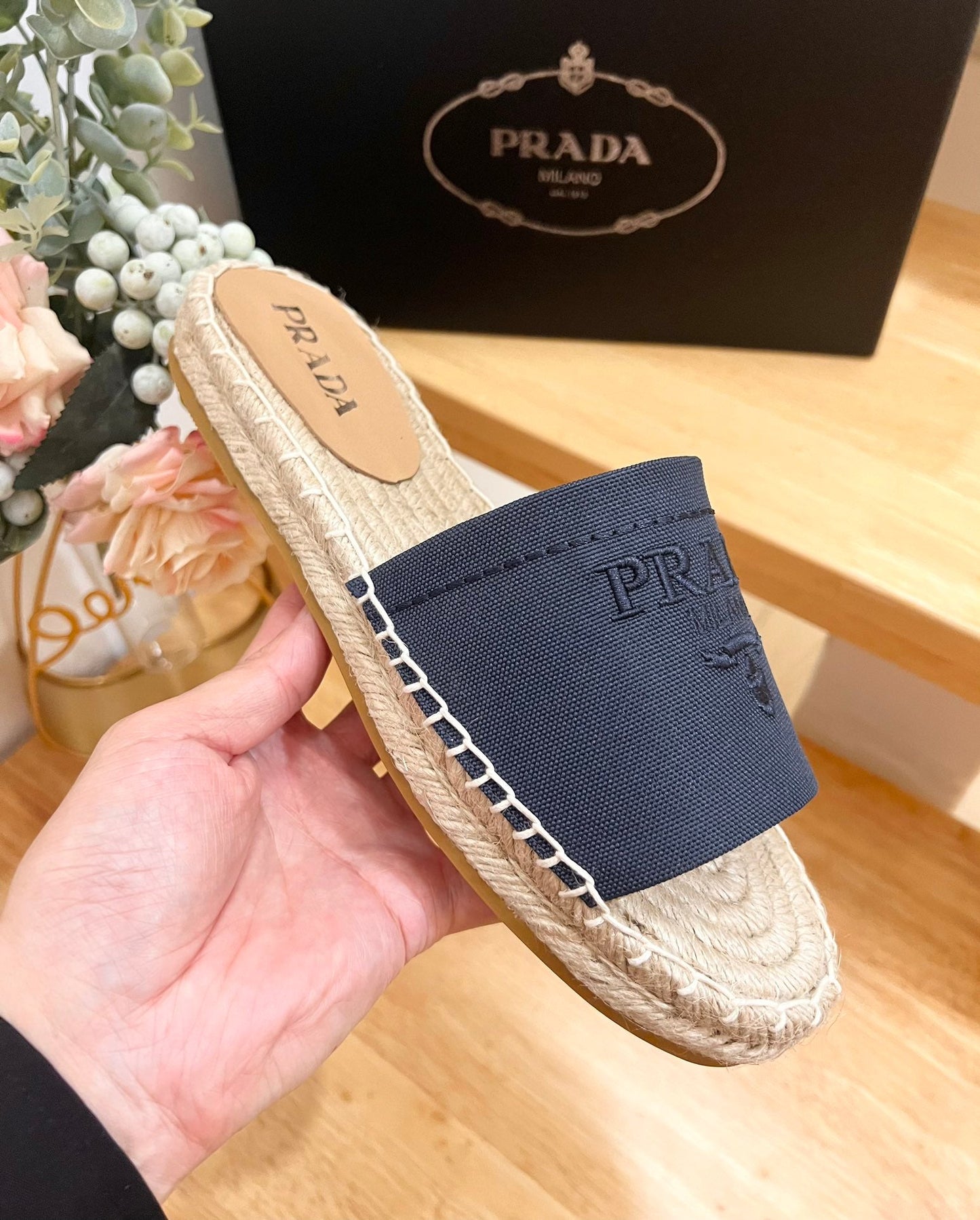 PRA CROCHET SLIPPERS NAVY LINEN FABRIC