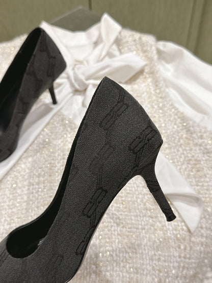 POINTED HIGH PUMPS IN BLACK MONOGRAM JACQUARD FABRIC