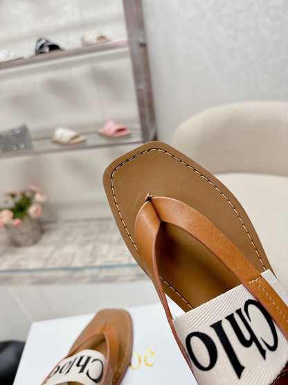 THONG SANDALS IN CINNAMON BROWN CALFSKIN AND WHITE CANVAS