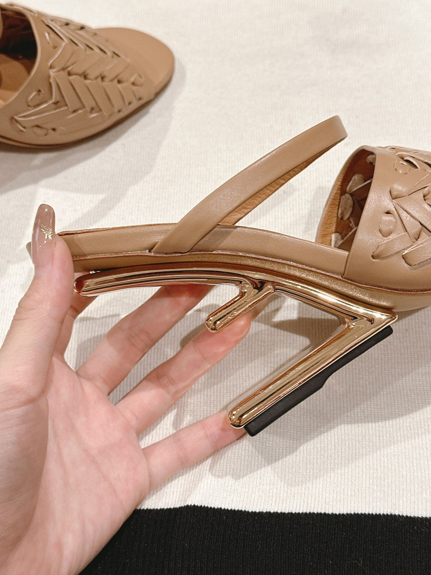 FENDI FIRST HIGH-HEELED SANDALS 85 MM IN TUSCAN TAN LAMBSKIN GOLD HARDWARE