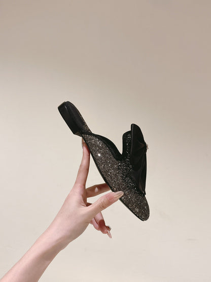CC JEWELED MULE WITH SILK BOW AND BLACK LAMBSKIN