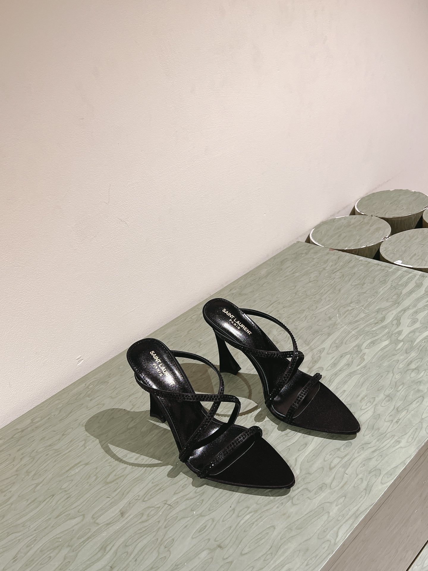 HIGH HEEL MULE 10 CM IN BLACK SATIN WITH RHINESTONES