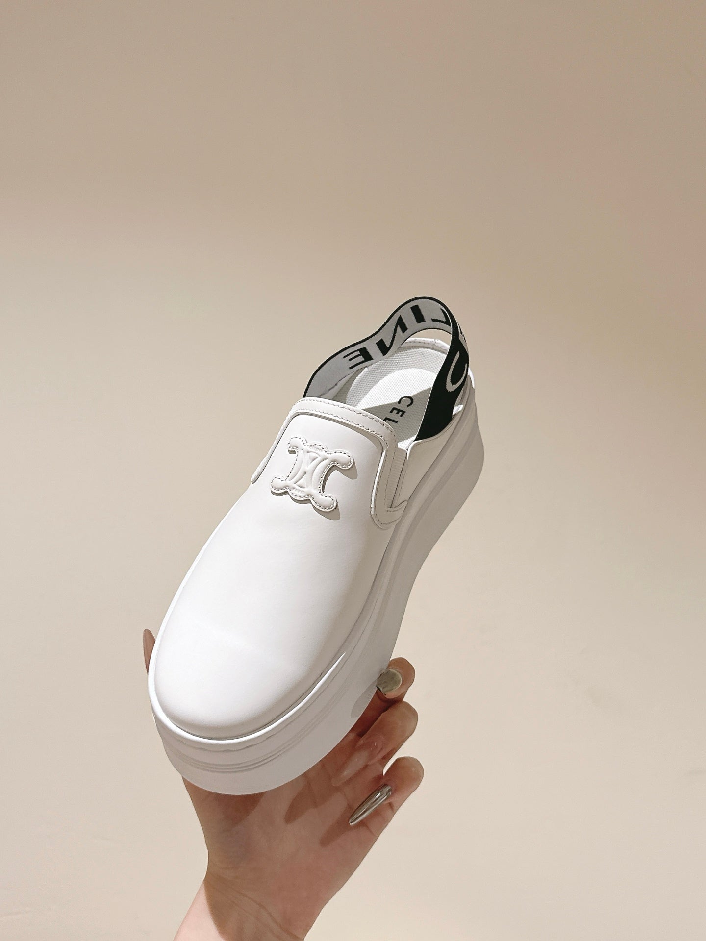 THICK-SOLED ELASTIC BACKLESS SHOES WHITE SHINY CALFSKIN