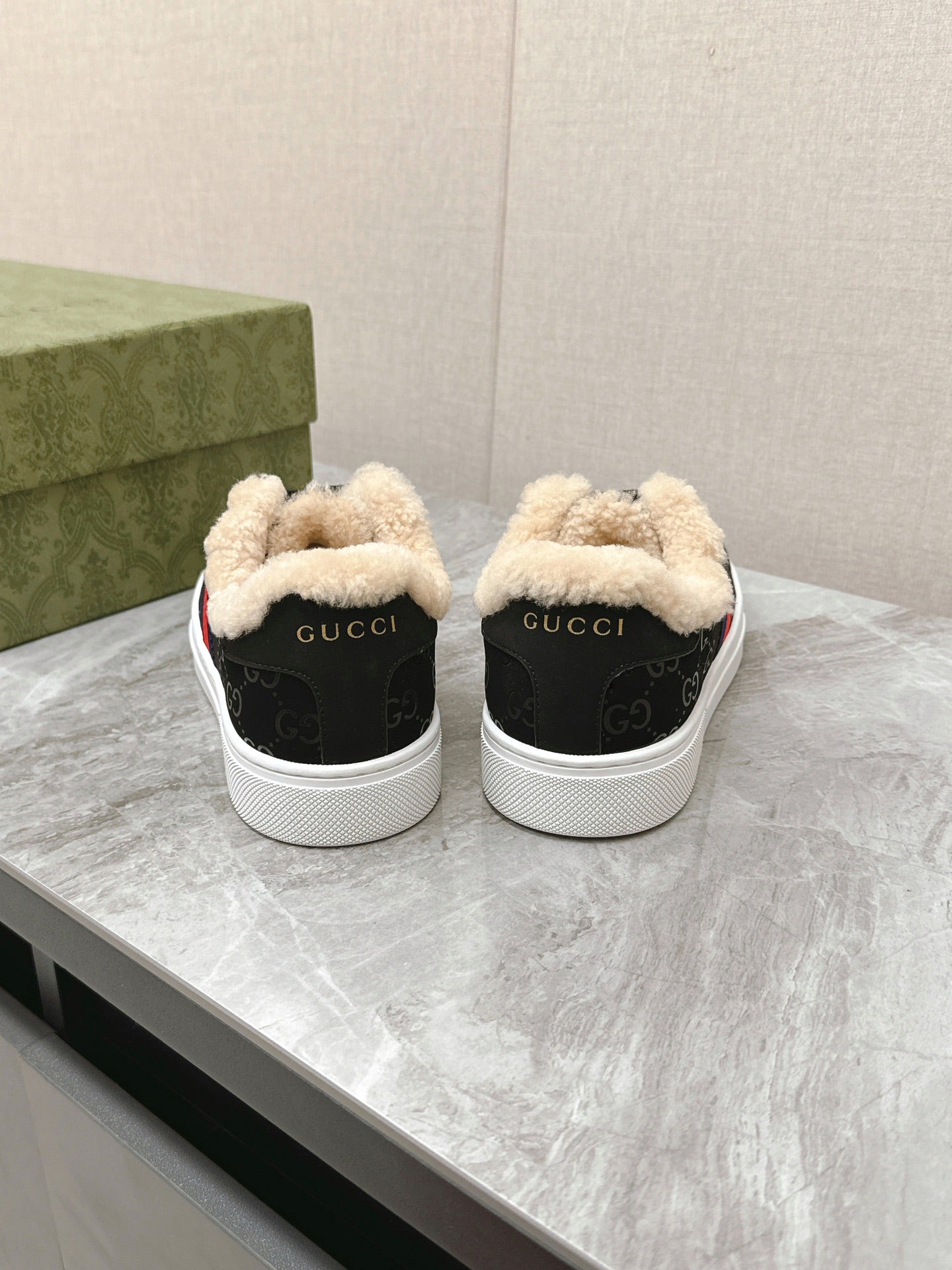 GG ACE SNEAKER WITH WEB IN BLACK EMBOSSED SUEDE AND WOOL LINING