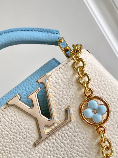 CAPUCINES NANO 16 IN PEARL WHITE MIX SKY BLUE TAURILLON GOLD HARDWARE