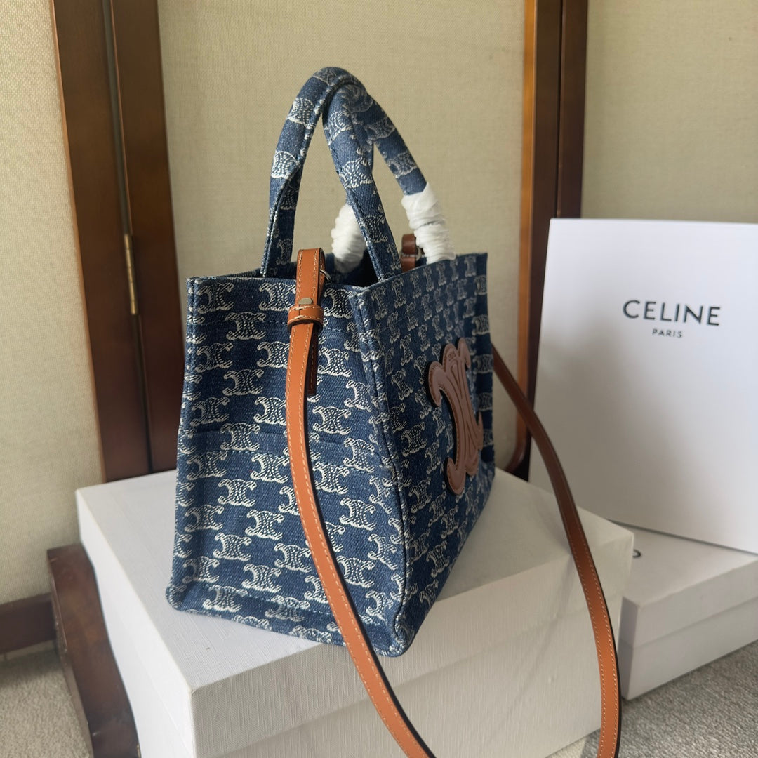 SMALL CABAS THAIS 25 IN BAYOUX BLUE TRIOMPHE DENIM AND BRONZE BROWN CALFSKIN