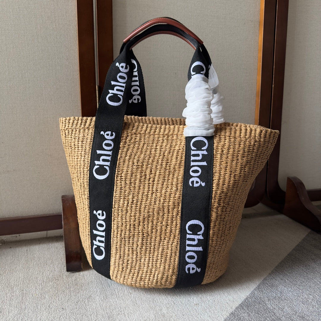 LAGRE WOODY TOTE BAG 48 IN NATURAL FIBERS BLACK WEBBING LOGO EMBROIDER BROWN CALFSKIN