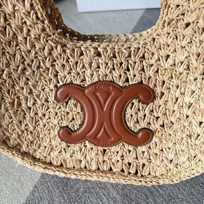 CELINE PANIER HOBO BAG 33 IN RAFFIA AND CALFSKIN LOGO BROWN