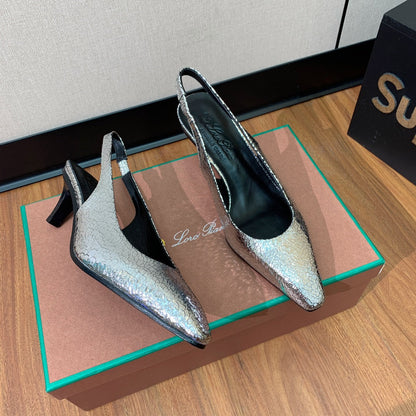 LP POINTED TOE MID-HEEL SLINGBACK SILVER CALFSKIN