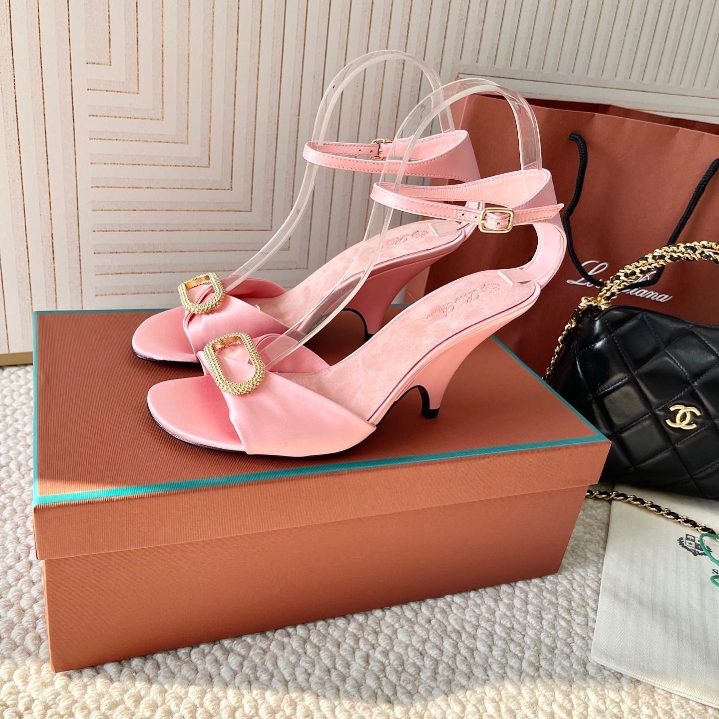 HIGH HEELS SANDALS 80 MM IN PASTEL PINK SATIN MIX SUEDUE