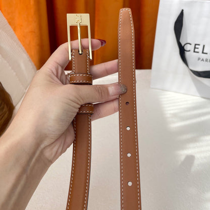 TRIOMPHE BELT 18MM IN BROWN CALFSKIN WITH RECTANGULAR BUCKLE EMBOSSED LOGO AND WHITE STITCHING