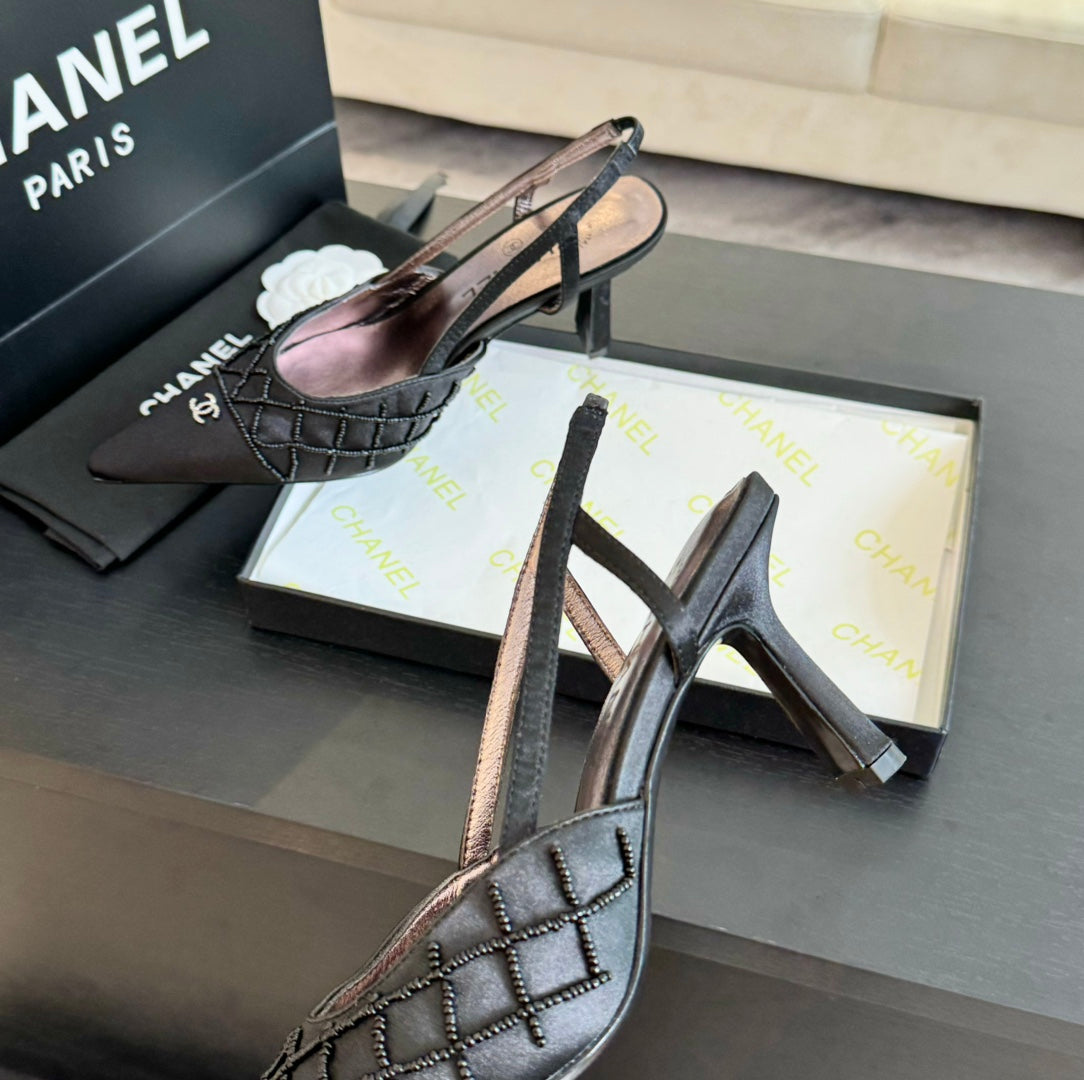 POINTED SLINGBACK MID HEELS BLACK LAMBSKIN