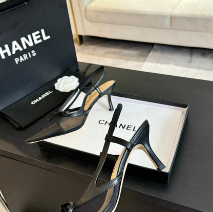 MESH LOGO SLINGBACKS IN BLACK LAMBSKIN