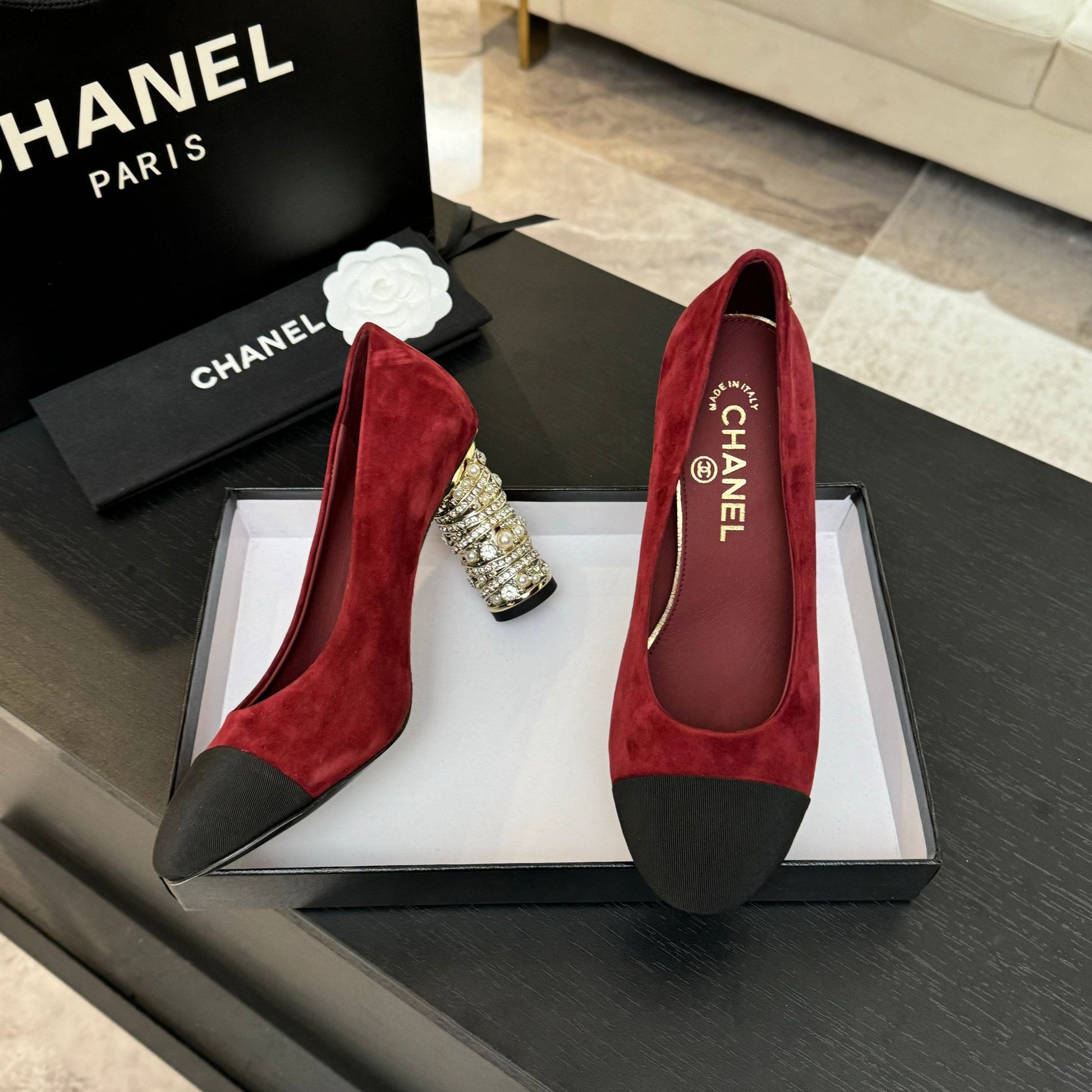 HIGH HEEL 85 MM SANDALS IN RUBY RED SUEDE AND BLACK FABRIC